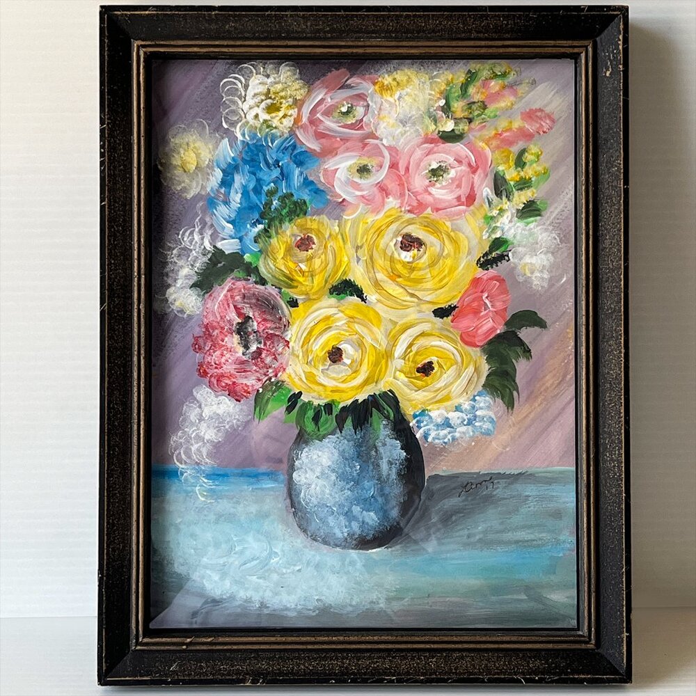 Framed Original Flower Painting Signed Pink Yellow Blue Floral Still Life Art
